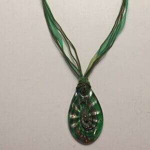 Green Glass Pendant on Ribbon Necklace.